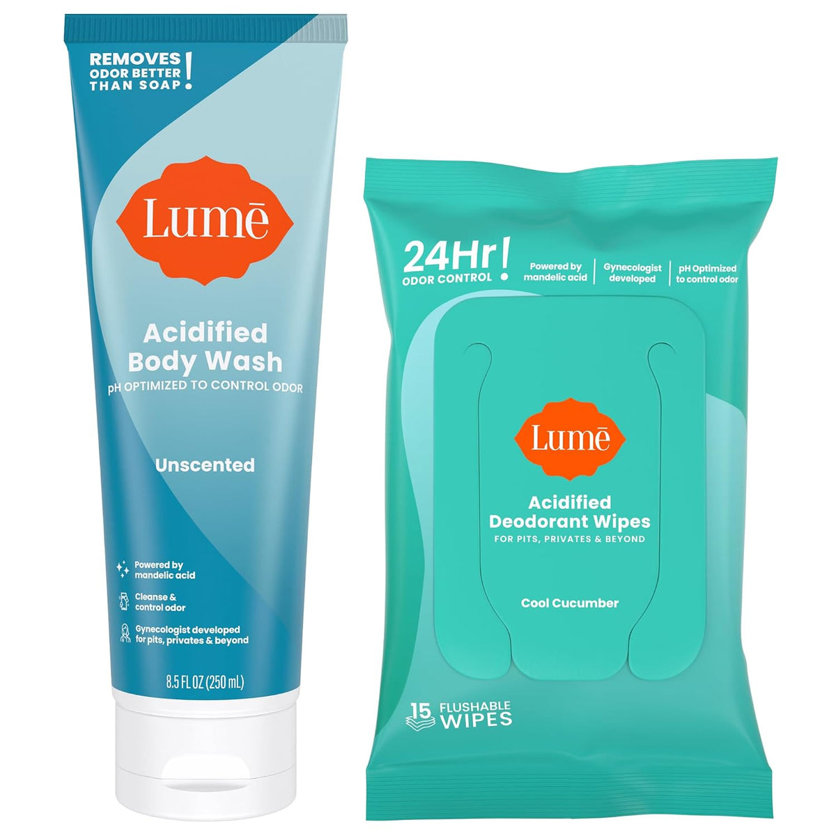 Acidified Body Wash & Flushable Deodorant Wipes - 24 Hour Odor Control - Hydrating Wash - Without SLS or Parabens - OB/GYN Developed - 8.5 Ounce (Unscented) 15 Count Wipes (Cool Cucumber)