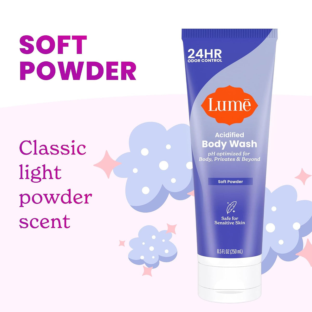 Acidified Body Wash for 24 Hour Odor Control - Removes Odor Better than Soap - Hydrating Formula - Formulated without SLS or Parabens - Safe for Sensitive Skin - 8.5 Ounce - 2 Pack (Soft Powder)
