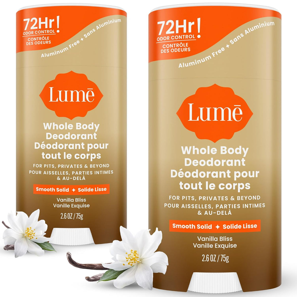 Whole Body Deodorant - Smooth Solid Stick - 72 Hour Odor Control - Doctor Developed - Aluminum Free. Baking Soda Free and Skin Loving - 2.6 Ounce (Pack of 2) (Vanilla Bliss)