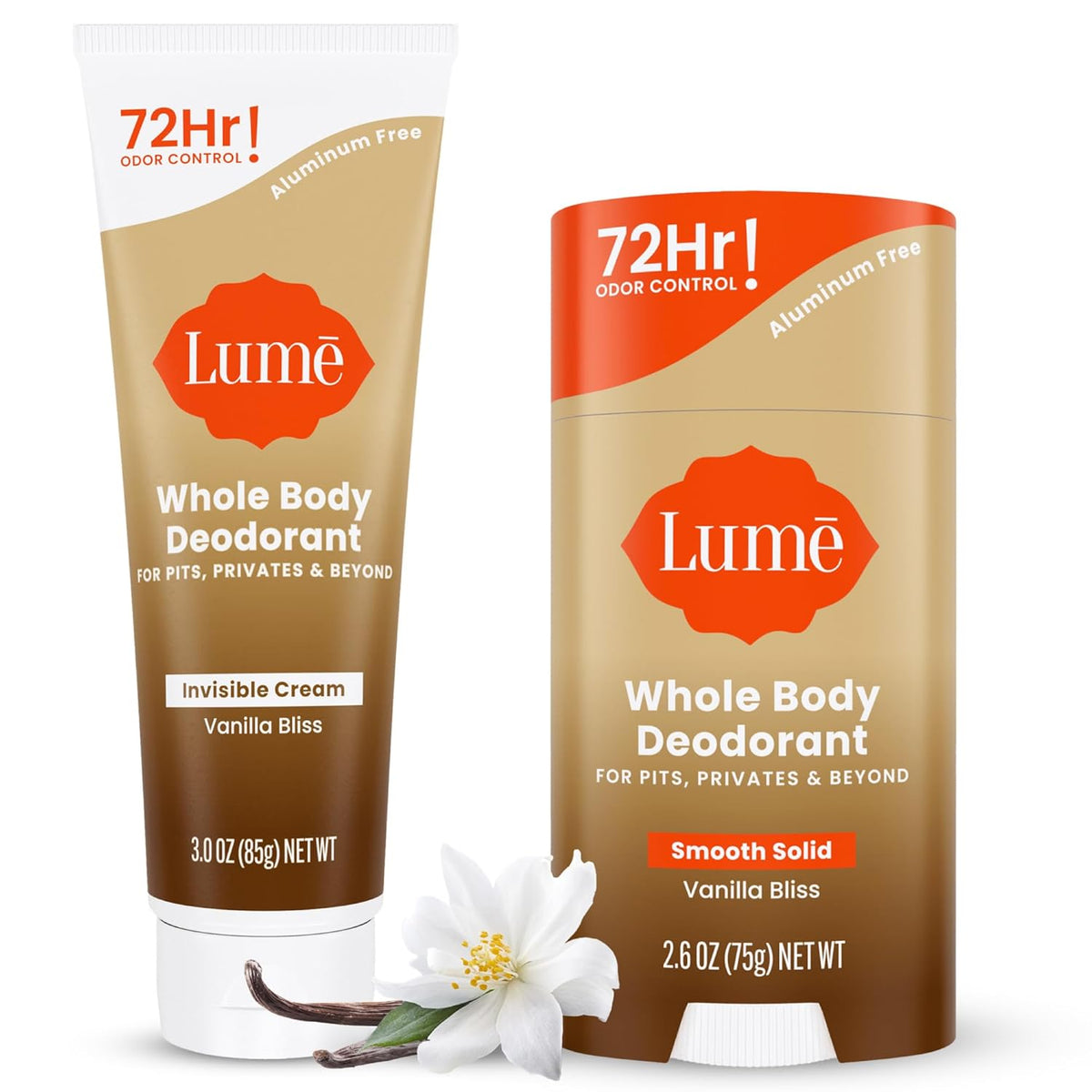Whole Body Deodorant - Invisible Cream Tube and Solid Stick - 72 Hour Odor Control - Aluminum Free. Baking Soda Free. Skin Loving - 3.0 Ounce Tube and 2.6 Ounce Solid Stick Bundle (Vanilla Bliss)