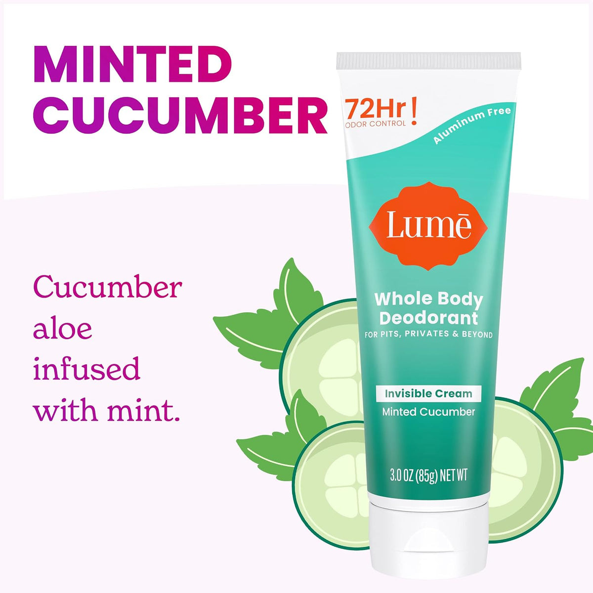 Whole Body Deodorant - Invisible Cream Tube - 72 Hour Odor Control - Aluminum Free. Baking Soda Free. Skin Safe - 3.0 ounce (Minted Cucumber)