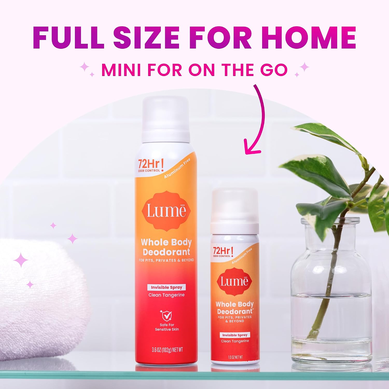 Invisible Spray Deodorant For Women Two Pack - Full Size & Mini Whole Body Deodorant Spray - 72 Hr Odor Control - Aluminum & Baking Soda Free - 2 Piece Bundle - 3.6 oz & 1.0 oz (Clean Tangerine)