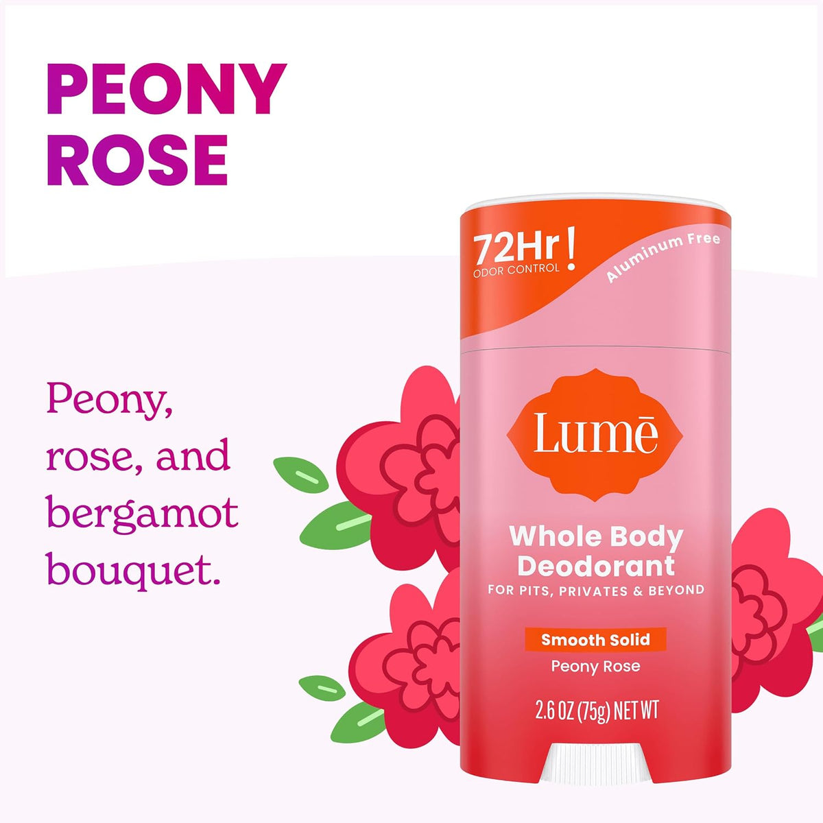 Whole Body Deodorant - Smooth Solid Stick - 72 Hour Odor Control - Aluminum Free. Baking Soda Free and Skin Loving - 2.6 Ounce (Pack of 3) (Peony Rose)
