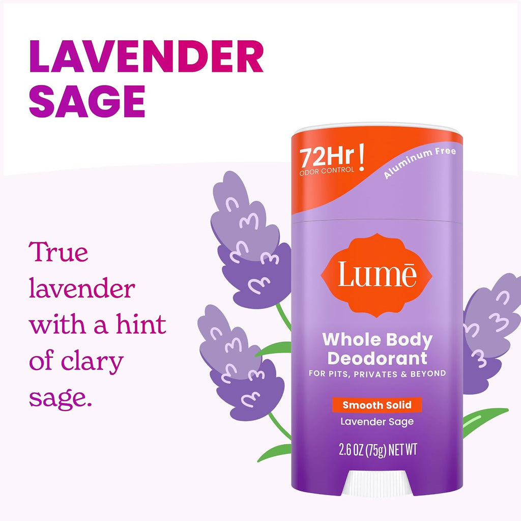 Whole Body Deodorant - Smooth Solid Stick - 72 Hour Odor Control - Aluminum Free. Baking Soda Free and Skin Loving - 2.6 Ounce (Pack of 3) (Lavender Sage)