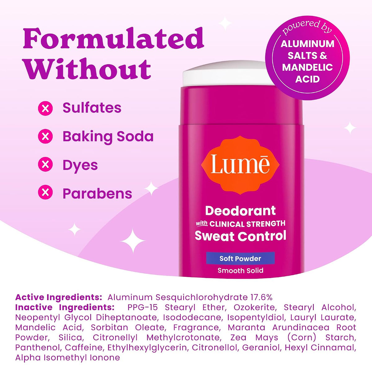 Deodorant Plus Sweat Control - Smooth Solid Stick - Extra Strength Antiperspirant - 72 Hour Odor And Sweat Control - Baking Soda Free. Skin Loving - 2.6 ounce (Soft Powder) Pack of 2