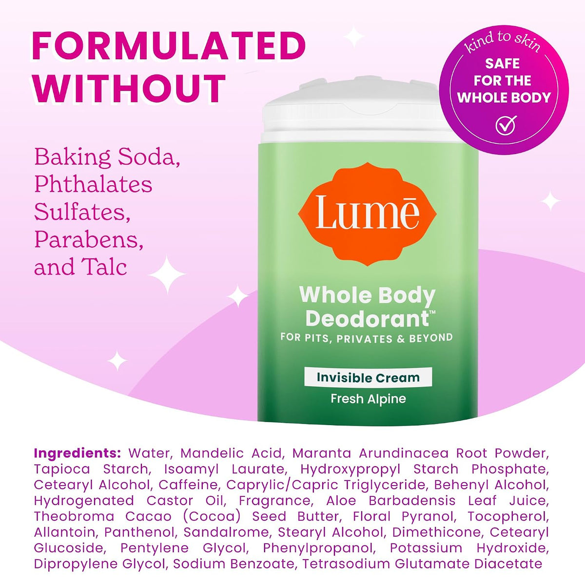 Whole Body Deodorant - Invisible Cream Stick - 72 Hour Odor Control - Aluminum Free. Baking Soda Free. Skin Safe - 2.2 Ounce (Pack of 2) (Fresh Alpine)