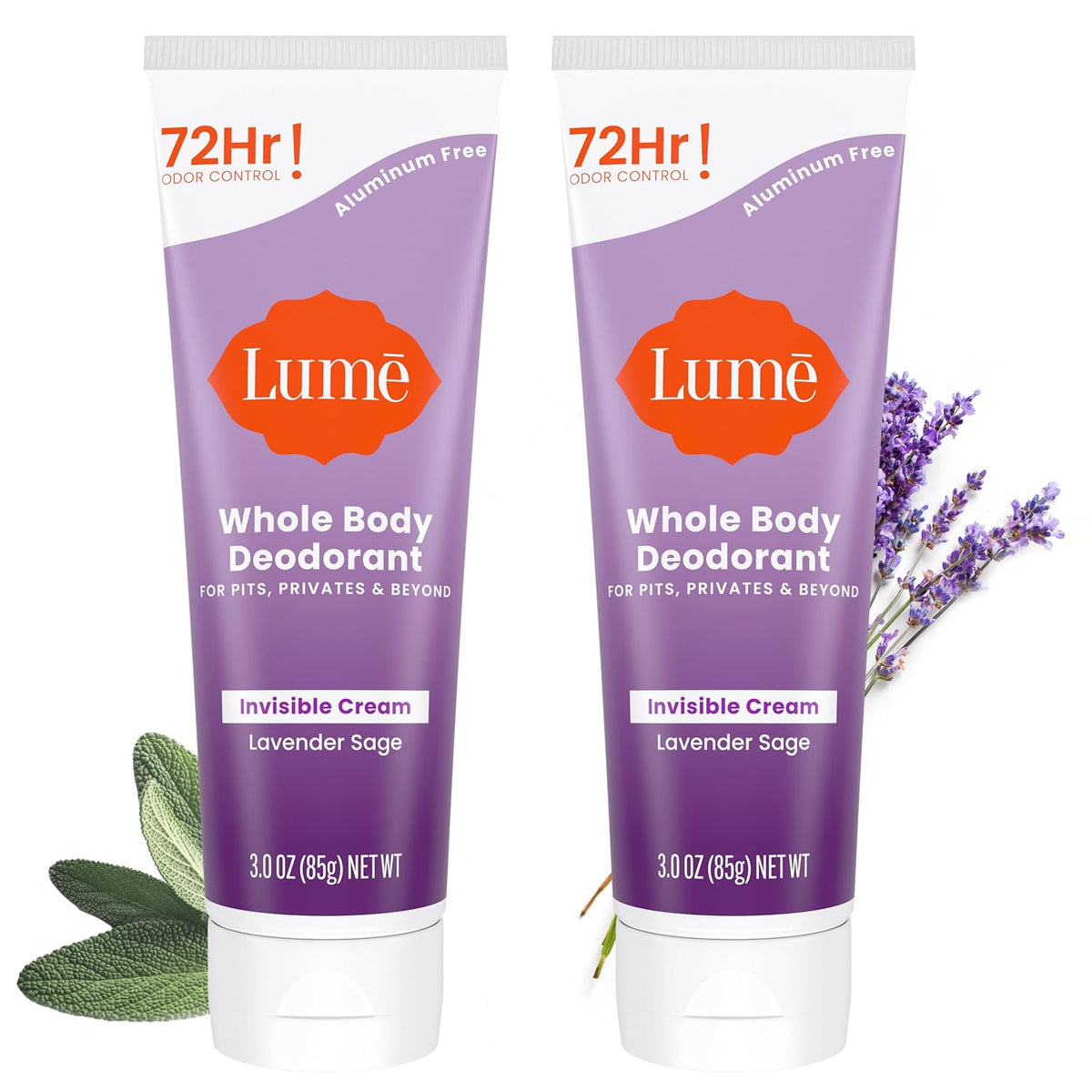 Whole Body Deodorant - Invisible Cream Tube - 72 Hour Odor Control - Aluminum Free. Baking Soda Free. Skin Safe - 3.0 ounce (Pack of 2) (Lavender Sage)