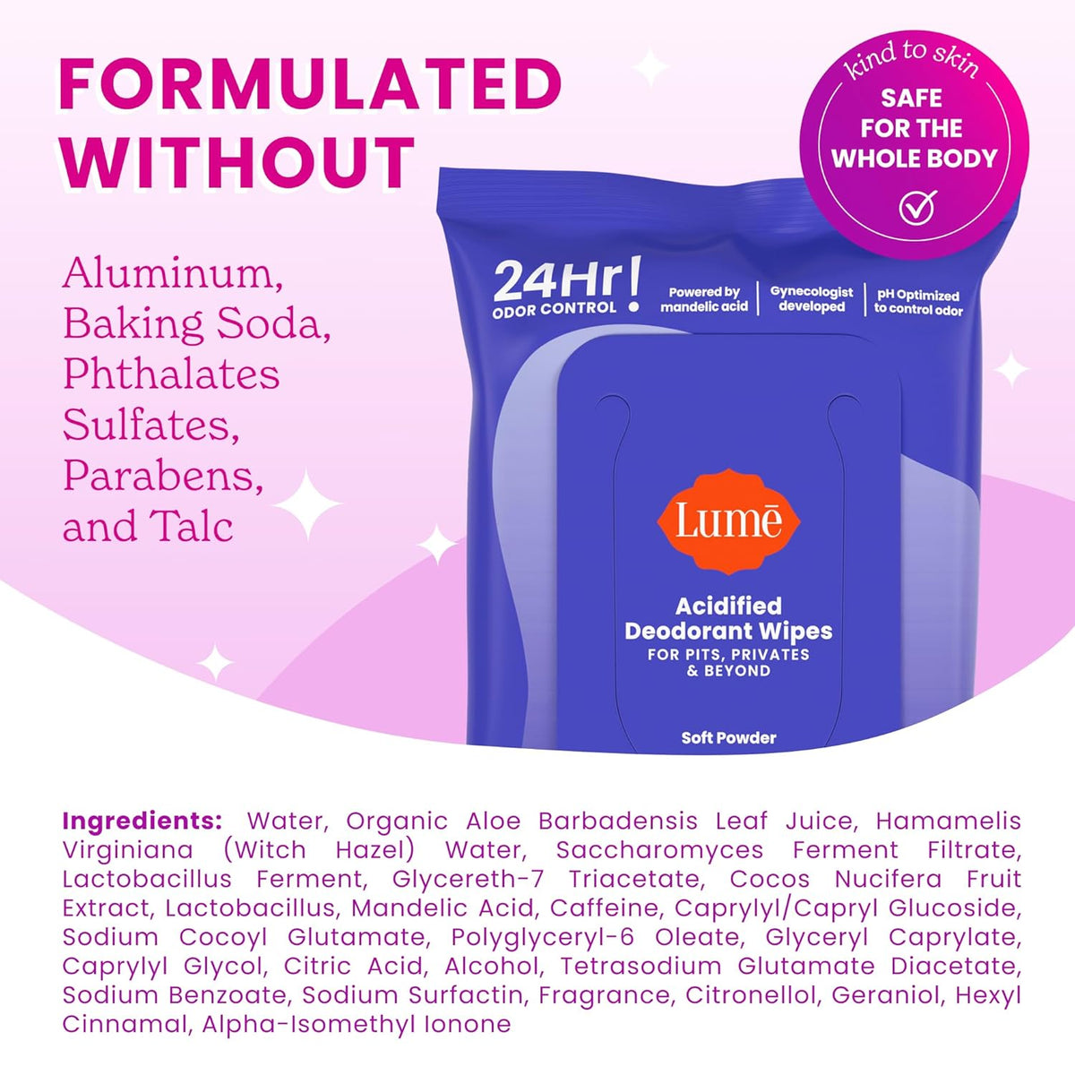 Acidified Deodorant Wipes - 24 Hour Odor Control - Whole Body Deodorant Wipes - Aluminum Free. Baking Soda Free. Skin Loving - Flushable - 15 Count - 3 Pack (Soft Powder)