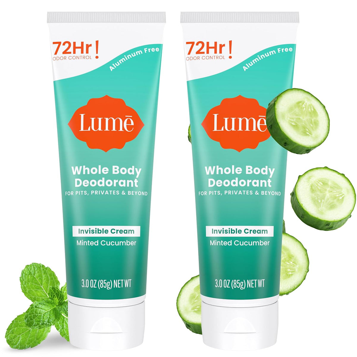 Whole Body Deodorant - Invisible Cream Tube - 72 Hour Odor Control - Aluminum Free. Baking Soda Free. Skin Safe - 3.0 ounce (Pack of 2) (Minted Cucumber)