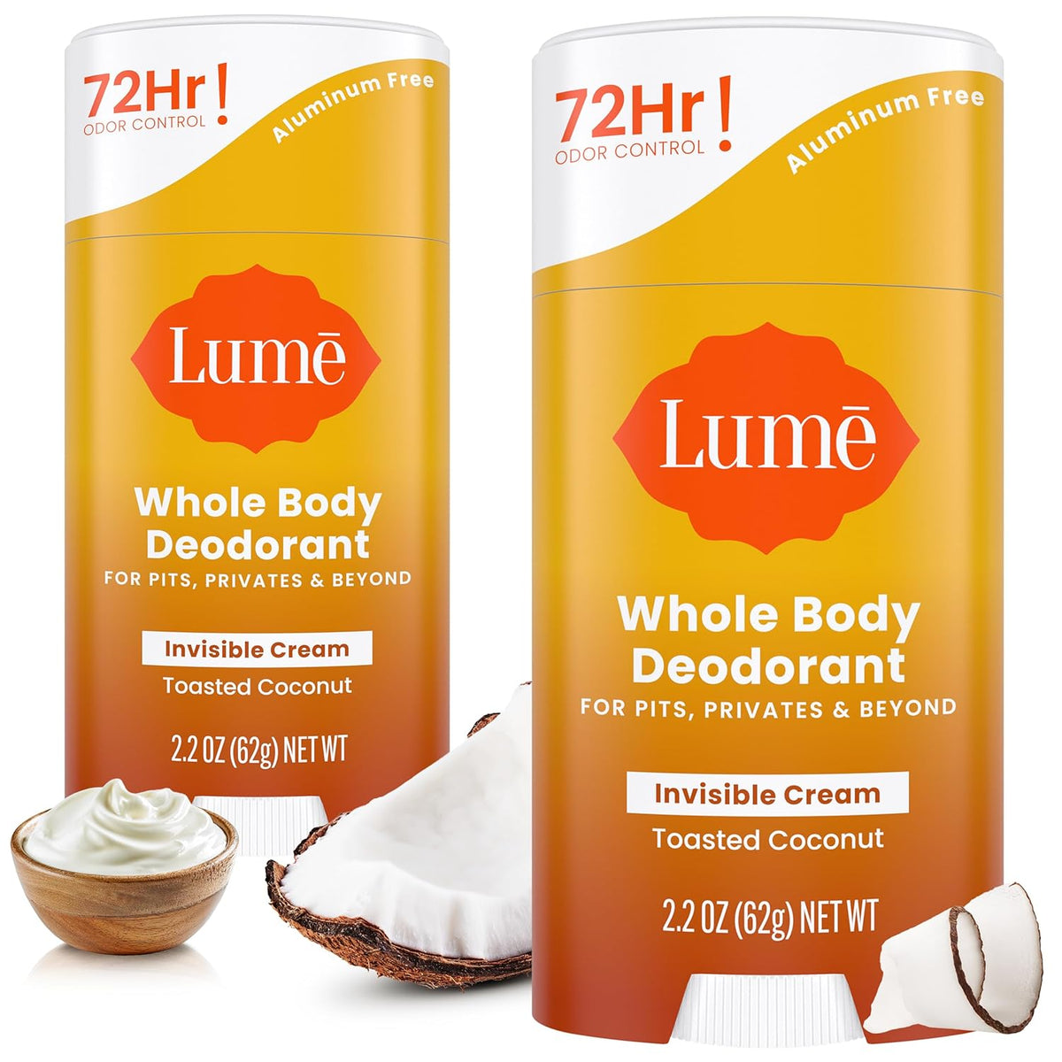 Whole Body Deodorant - Invisible Cream Stick - 72 Hour Odor Control - Aluminum Free. Baking Soda Free. Skin Safe - 2.2 Ounce (Pack of 2) (Toasted Coconut)