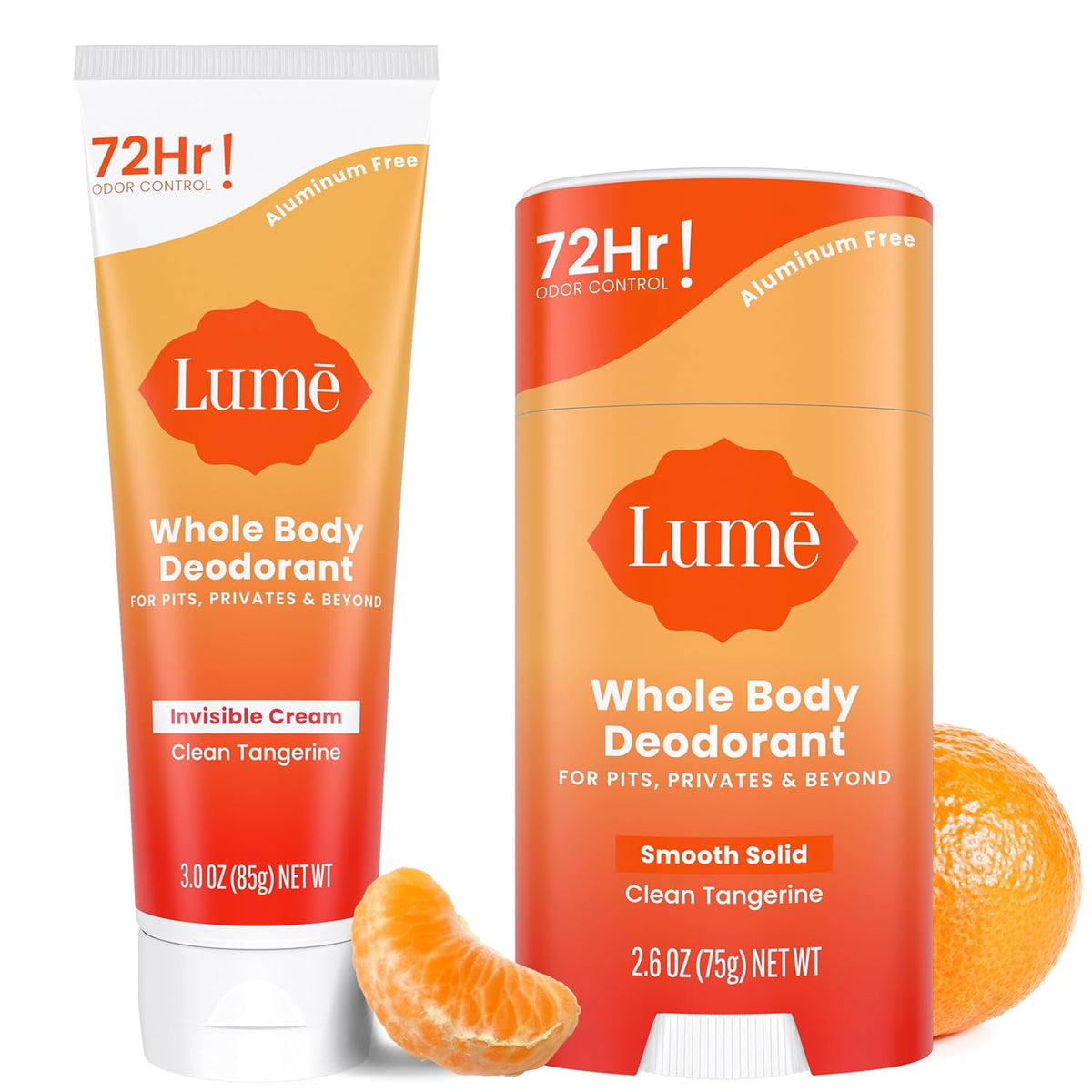 Whole Body Deodorant - Invisible Cream Tube and Solid Stick - 72 Hour Odor Control - Aluminum Free. Baking Soda Free. Skin Safe - 3.0 Ounce Tube and 2.6 Ounce Solid Stick Bundle (Clean Tangerine)