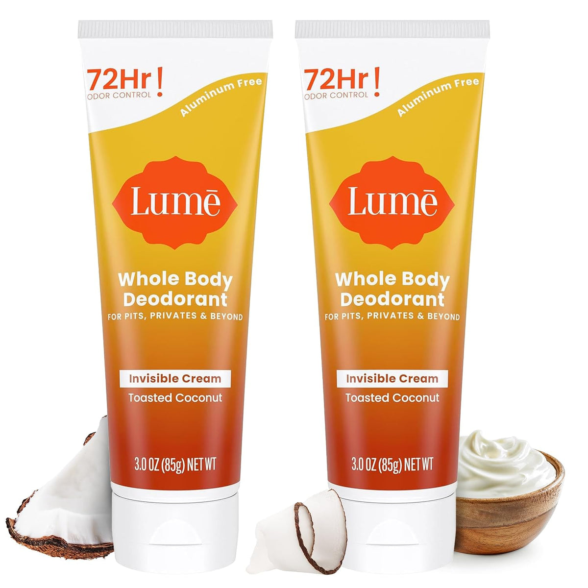 Whole Body Deodorant - Invisible Cream Tube - 72 Hour Odor Control - Aluminum Free. Baking Soda Free. Skin Safe - 3.0 ounce (Pack of 2) (Toasted Coconut)