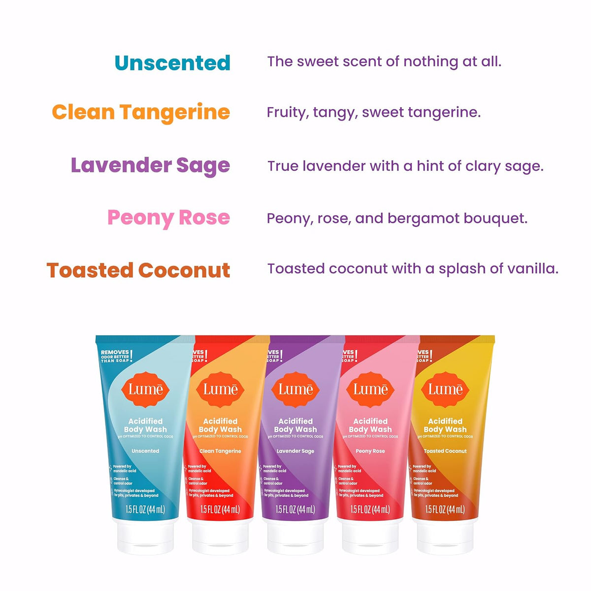 Acidified Body Wash 5 Pack Minis - 24 Hour Odor Control - Moisturizing Formulated Without SLS & Parabens - 1.5 ounce Tubes (Clean Tangerine. Lavender Sage. Peony Rose. Toasted Coconut. Unscented)