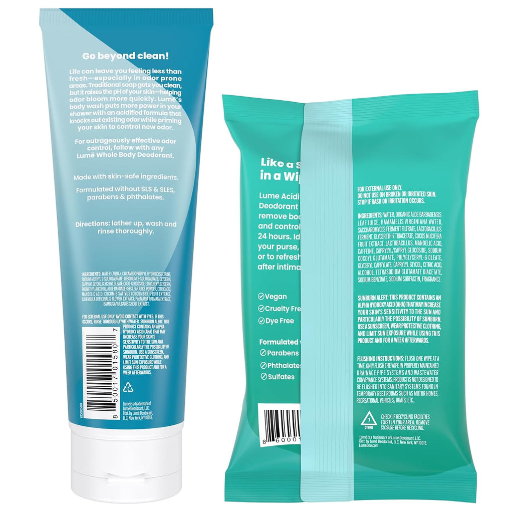 Acidified Body Wash & Flushable Deodorant Wipes - 24 Hour Odor Control - Hydrating Wash - Without SLS or Parabens - OB/GYN Developed - 8.5 Ounce (Unscented) 15 Count Wipes (Cool Cucumber)