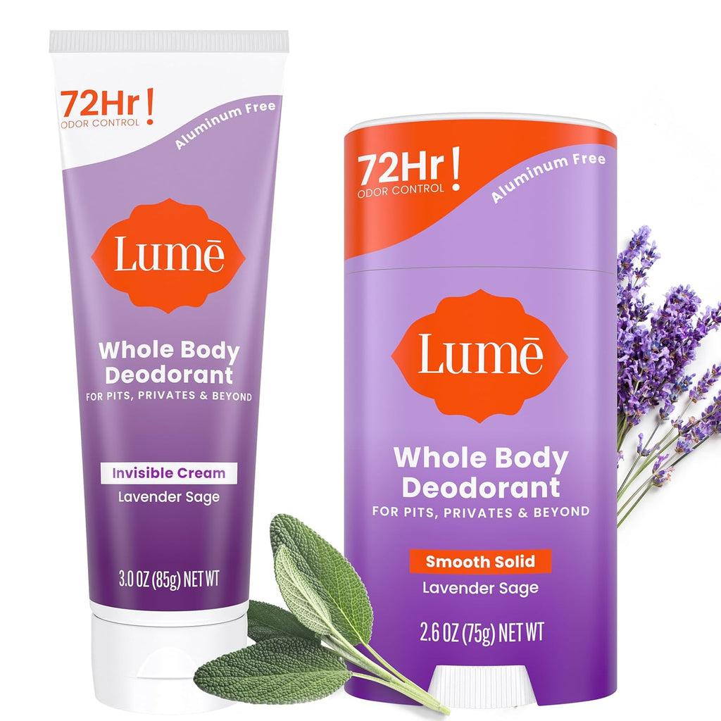 Whole Body Deodorant - Invisible Cream and Solid - 72 Hour Odor Control - Aluminum Free. Baking Soda Free. Skin Safe - 3.0 Ounce Cream and 2.6 Ounce Solid Bundle (Lavender Sage)